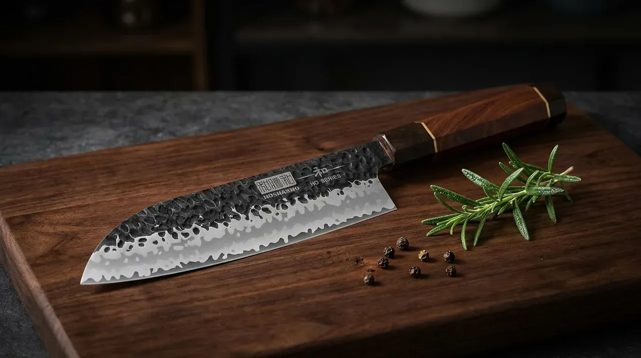 HOSHANHO Santoku VG-10 18 cm con mango octogonal de palo de rosa sobre tabla de madera
