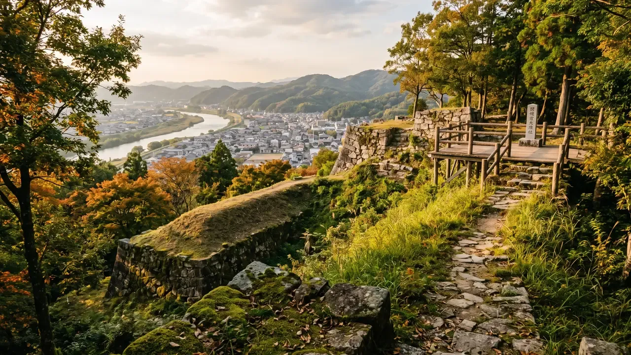 Las ruinas del castillo de Miki sobre una loma verde junto al río Minō, con el foso y los muros de piedra antiguos entre árboles, y la ciudad extendiéndose al fondo bajo el cielo de la tarde