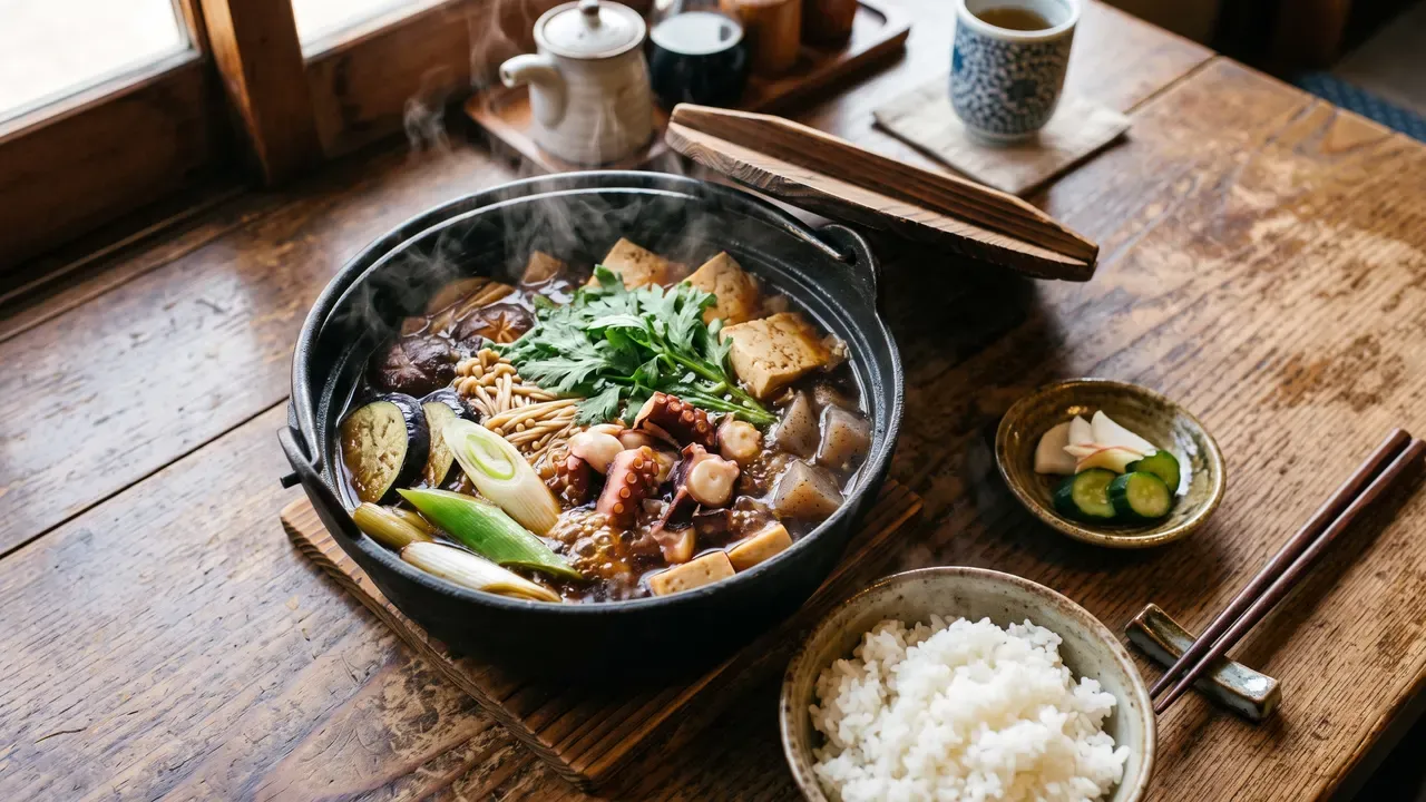 Kajiya-nabe, la olla del herrero, un guiso japonés de pulpo y berenjena en una cazuela de hierro humeante sobre la mesa, con arroz blanco y encurtidos al lado, en una casa de comidas tradicional