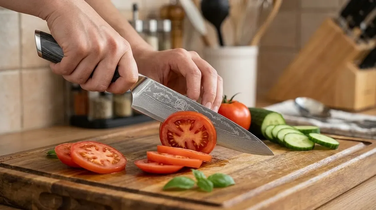 El MITSUMOTO SAKARI Gyuto cortando verdura sobre una tabla de madera en una cocina