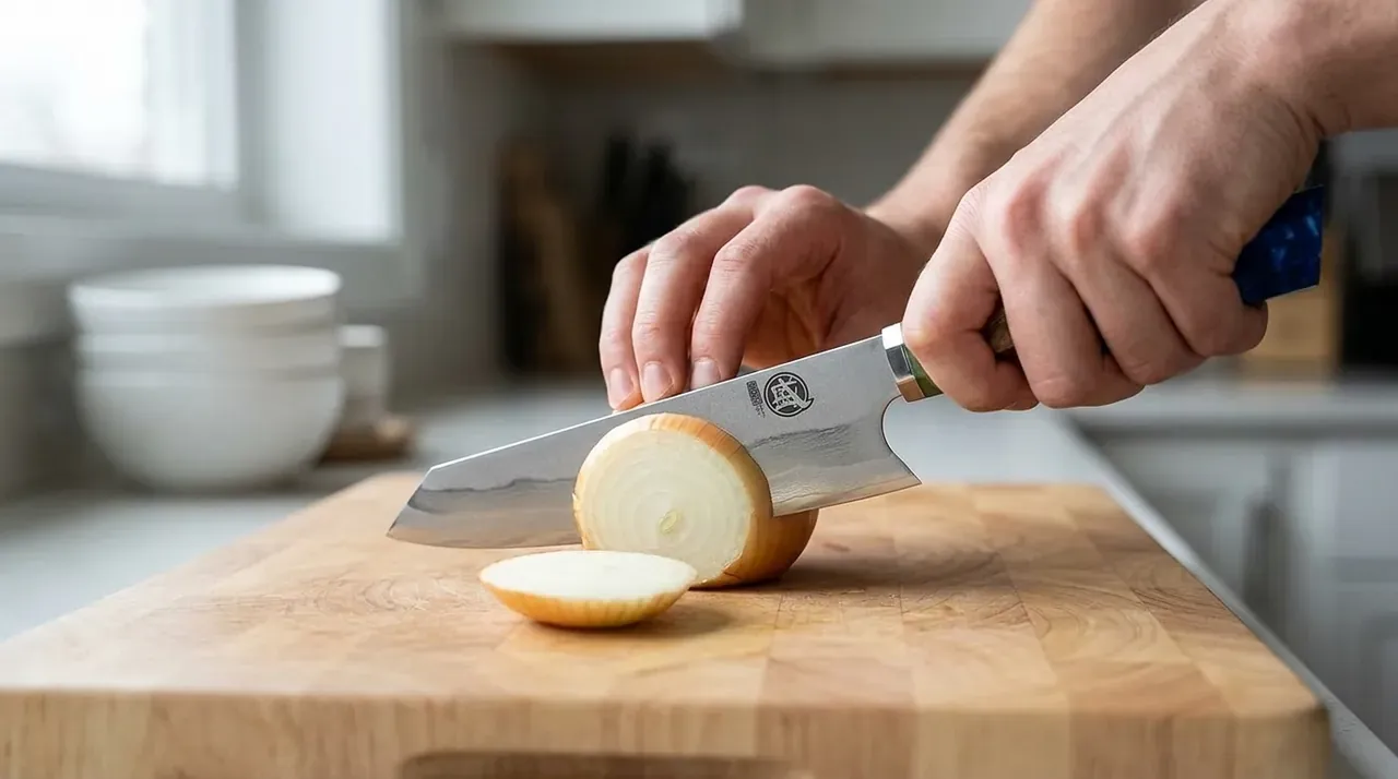 El kiritsuke MITSUMOTO 440C cortando una cebolla sobre tabla de madera, sujeta en garra con la otra mano