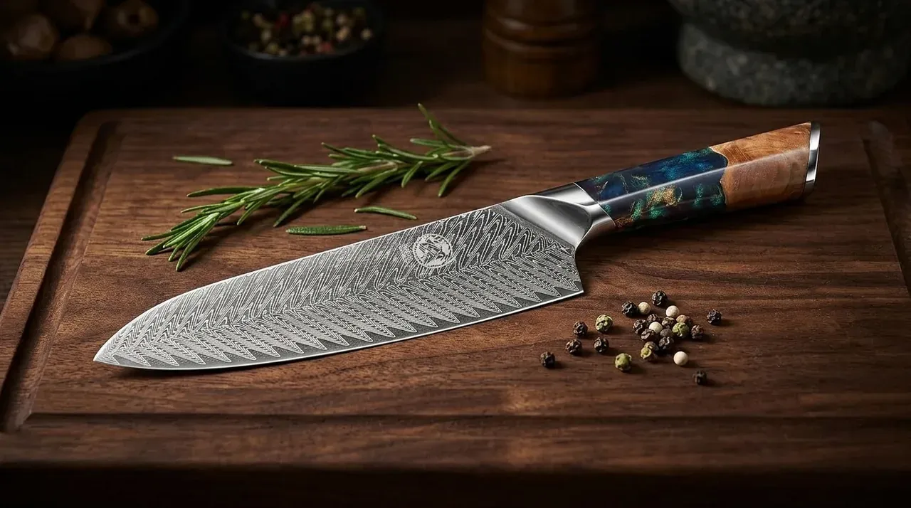 MITSUMOTO SAKARI Santoku 22 cm de damasco VG-10 con mango de madera noble sobre tabla