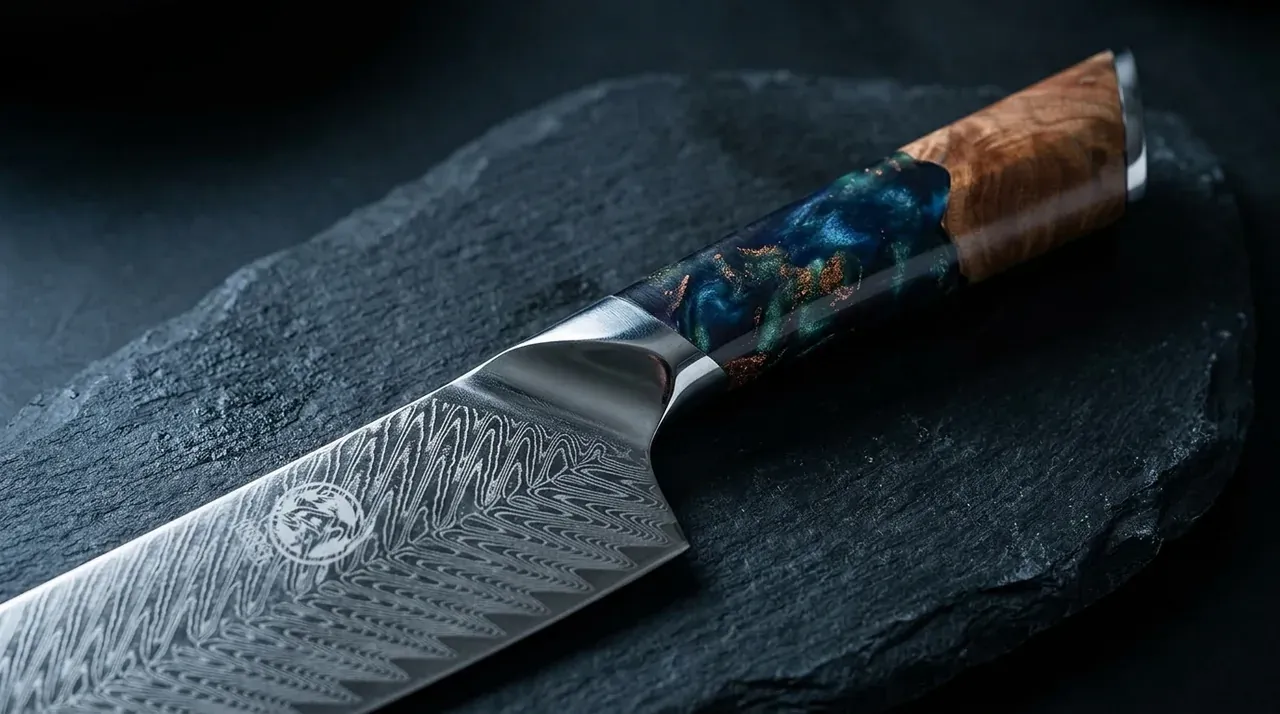 Detalle del mango de madera de nanmu del MITSUMOTO SAKARI Santoku, con la virola