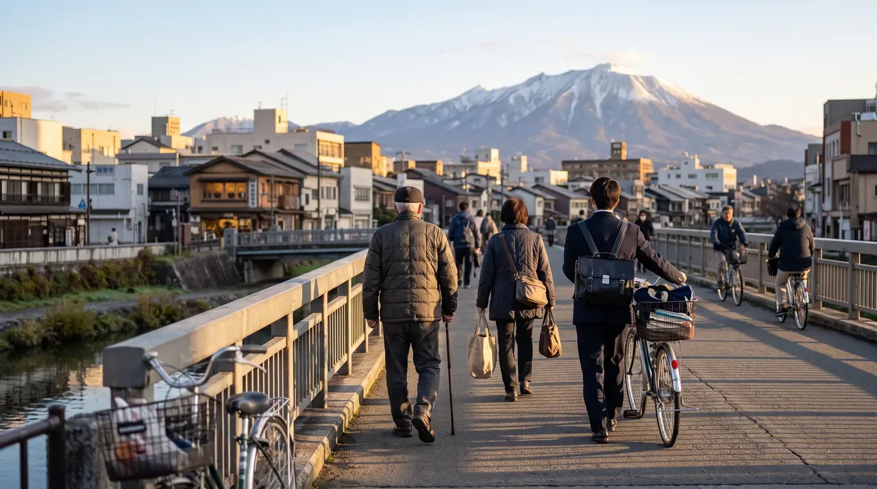 Vecinos de Morioka cruzando a pie y en bicicleta el puente sobre el río Kitakami al atardecer, con el monte Iwate al fondo