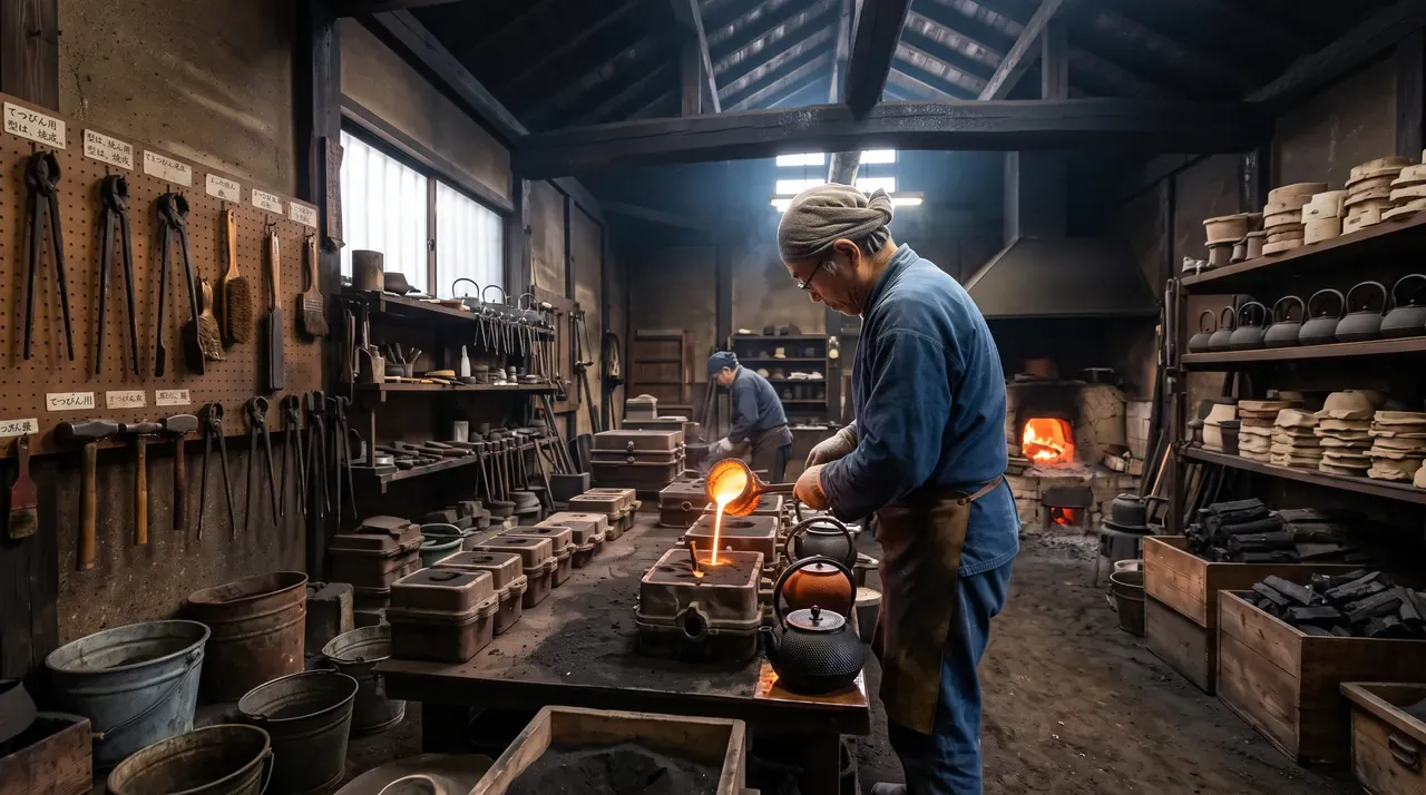 Un artesano vierte hierro fundido en un molde de arena dentro de un taller de Morioka, con el horno encendido al fondo y teteras terminadas en las estanterías