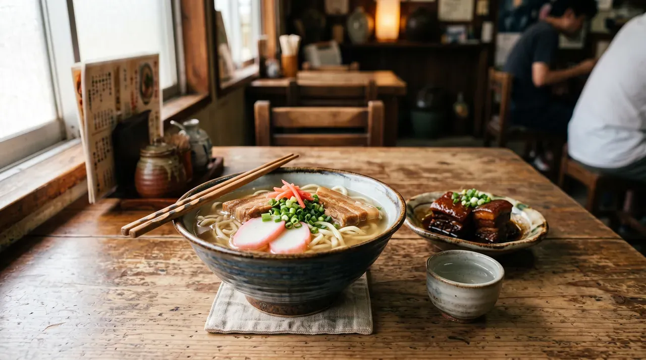 Un cuenco de okinawa soba con fideo grueso de trigo, panceta y kamaboko sobre una mesa de madera, junto a un plato de rafute y una copita de awamori
