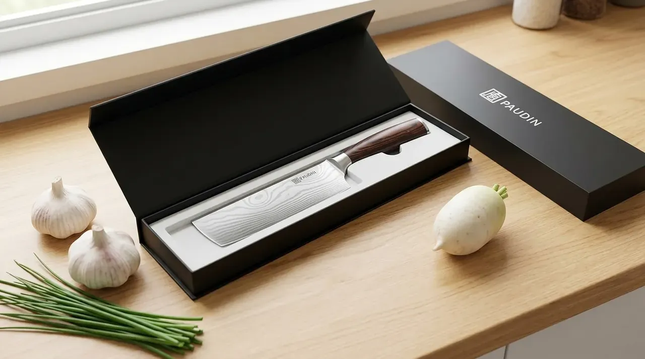 El PAUDIN Nakiri de acero macizo con patrón ondulado en su estuche de regalo abierto, con verduras alrededor