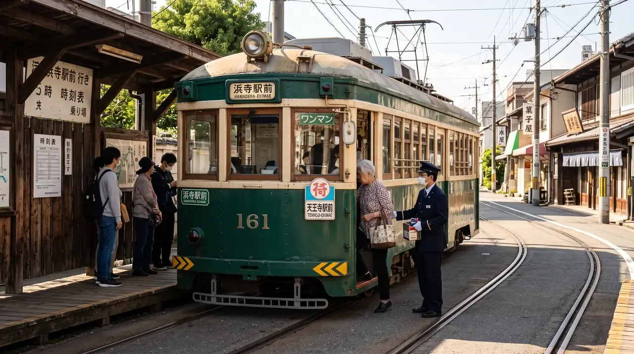 Tranvía histórico Hankai de color verde y crema detenido en una parada de calle del casco antiguo de Sakai, con viajeros subiendo