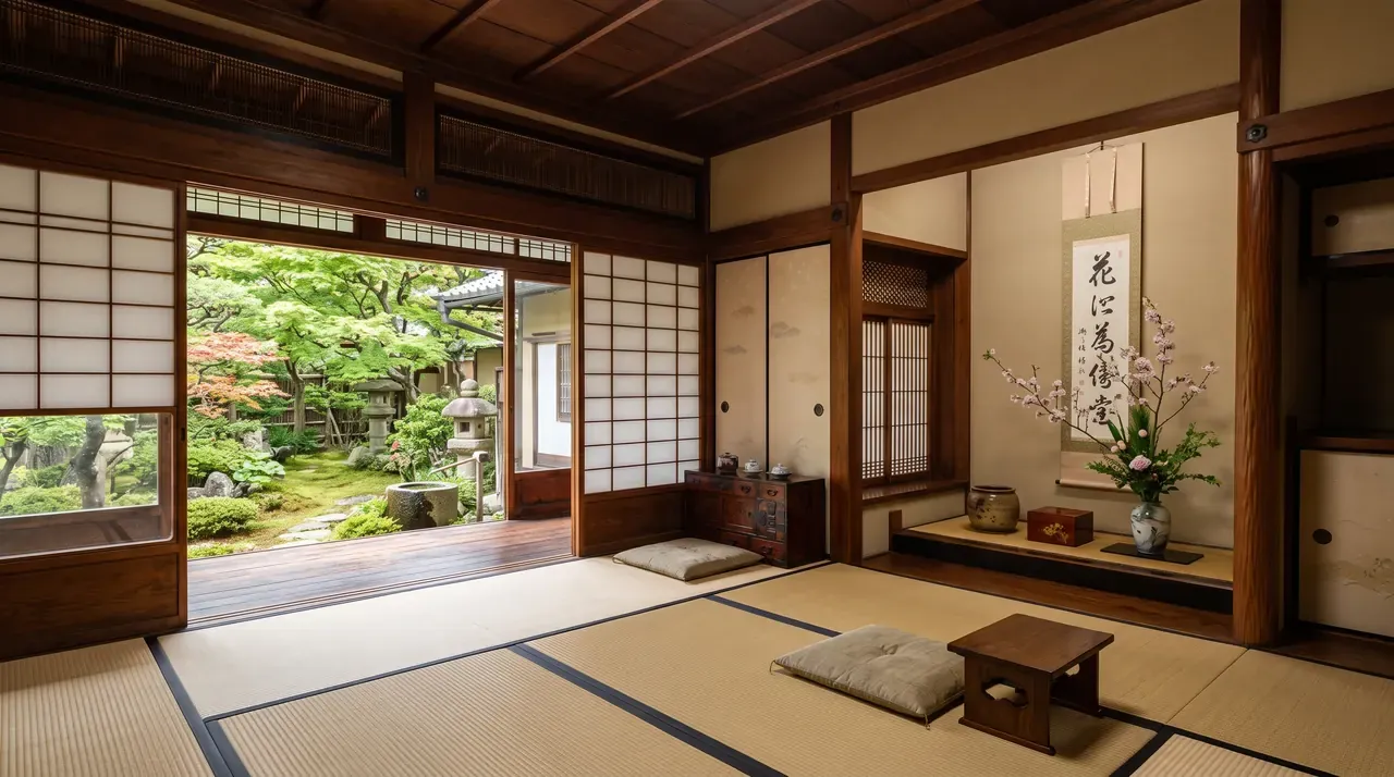 Interior de la residencia de un señor del hierro, una sala de tatami señorial con tokonoma, pergamino y arreglo floral, abierta al jardín, la vida doméstica refinada que pagó el acero