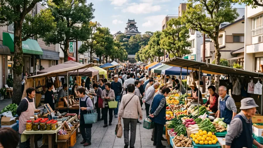 El mercado dominical de Otesuji lleno de puestos de fruta, verdura y artesanía con gente comprando, y al fondo de la calle la torre del castillo de Kōchi asomando entre los árboles
