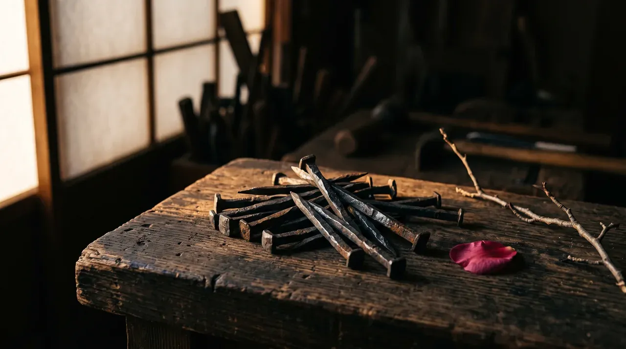 Un montón de clavos japoneses wakugi forjados a mano, de cabezas irregulares y metal ennegrecido, sobre una mesa de madera vieja en un taller
