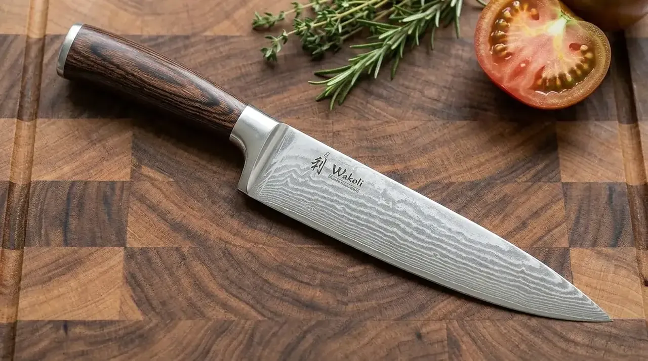 WAKOLI EDIB Chef 20 cm de damasco VG-10 sobre tabla de madera