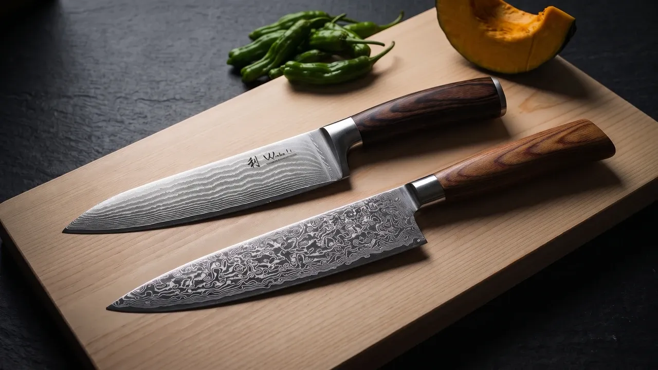 Cuchillos WAKOLI de damasco con mango de pakkawood sobre tabla oscura
