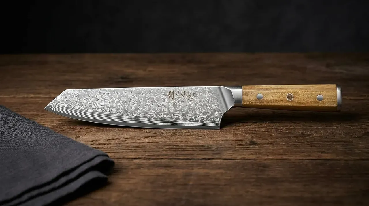 Cuchillo kiritsuke WAKOLI Oribu de acero damasco VG-10 con mango de madera de olivo sobre tabla oscura