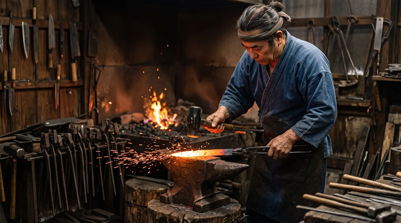 Herrero de Sakai forjando una hoja de cuchillo japonés al rojo vivo sobre el yunque, con chispas saltando, en un taller tradicional del barrio cuchillero