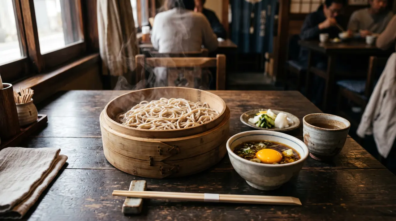 Soba al vapor servida al estilo de Sakai en una cesta de bambú humeante, con un cuenco de caldo y yema de huevo cruda al lado, en una casa de comidas tradicional japonesa