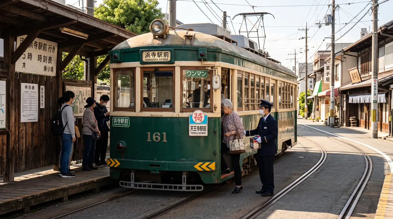 Tranvía histórico Hankai de color verde y crema detenido en una parada de calle del casco antiguo de Sakai, con viajeros subiendo
