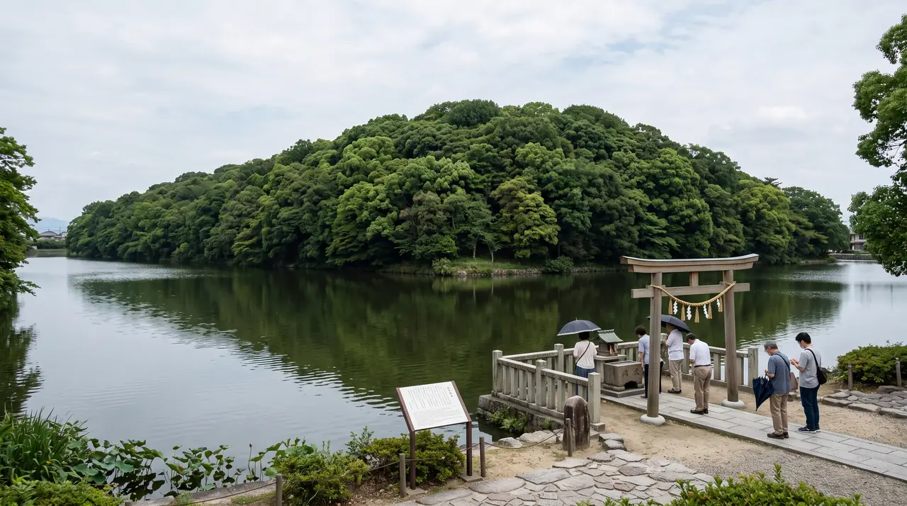 Túmulo del emperador Nintoku en Sakai visto desde el lugar de oración del lado sur, con el foso de agua en primer plano y la arboleda del montículo al fondo