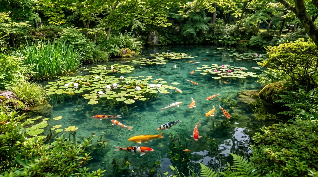 El estanque de Monet en el valle de Itadori, cerca de Seki, con agua turquesa transparente, nenúfares en flor y carpas koi de colores que parecen flotar, como un cuadro de Monet