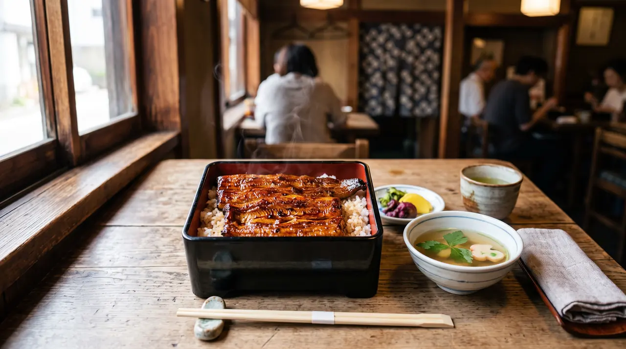 Unagi, anguila a la parrilla lacada con salsa tare, servida sobre arroz blanco en una caja de laca negra, con sopa y encurtidos, en una casa de comidas tradicional japonesa