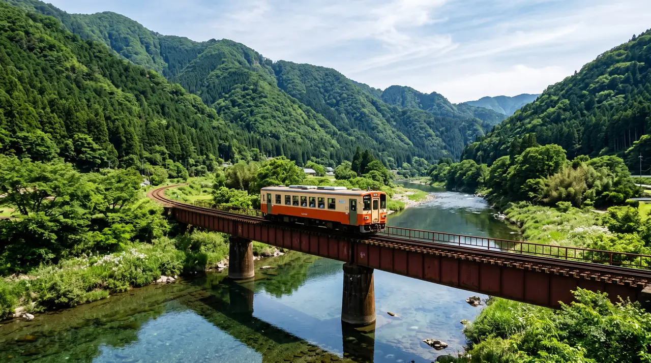 Un tren rural de un solo vagón del ferrocarril Nagaragawa cruzando un puente de hierro sobre el río Nagara de aguas cristalinas, entre montañas verdes de Gifu