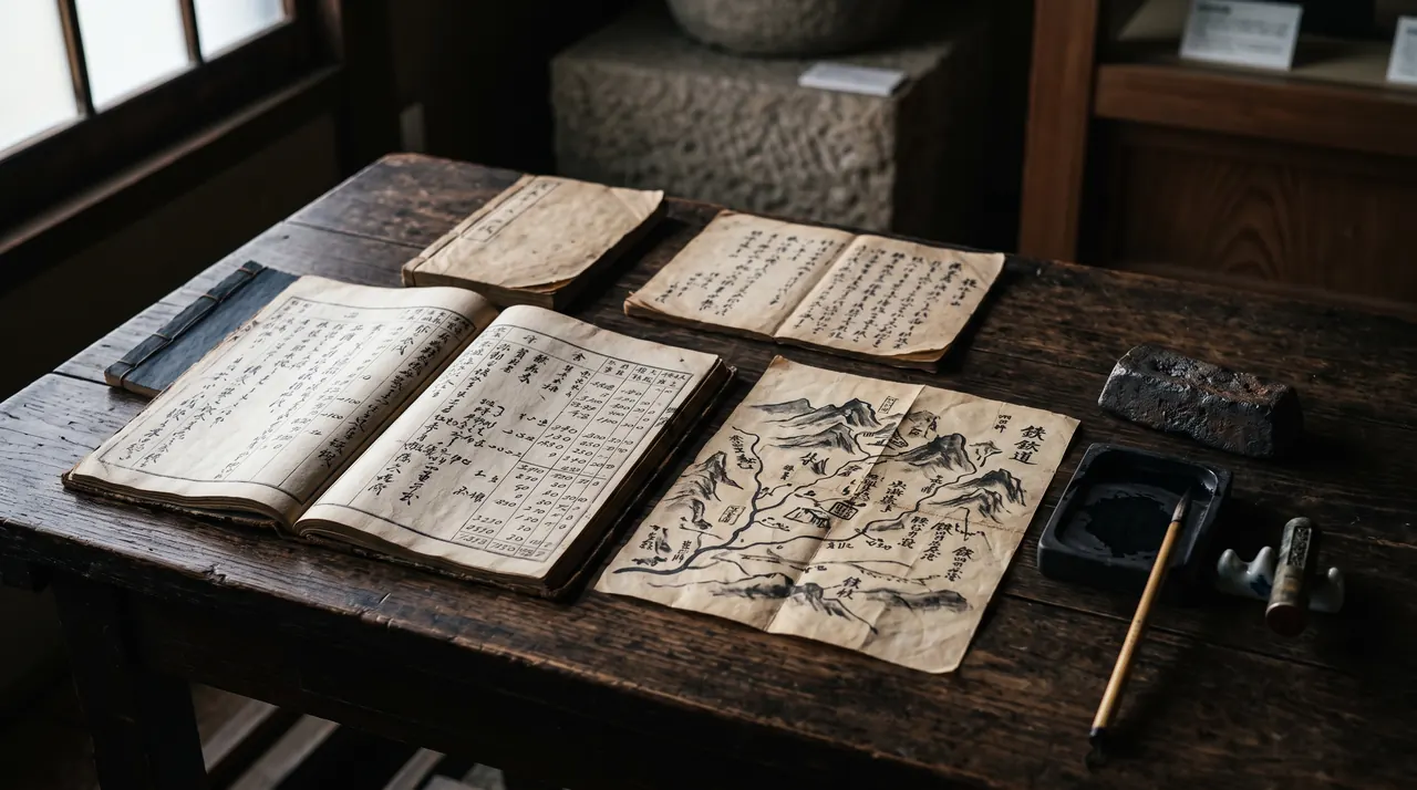 Documentos antiguos de la producción de hierro: libros de cuentas con caligrafía a pincel y un mapa dibujado a mano de las minas y montañas, junto a un pincel y una piedra de tinta