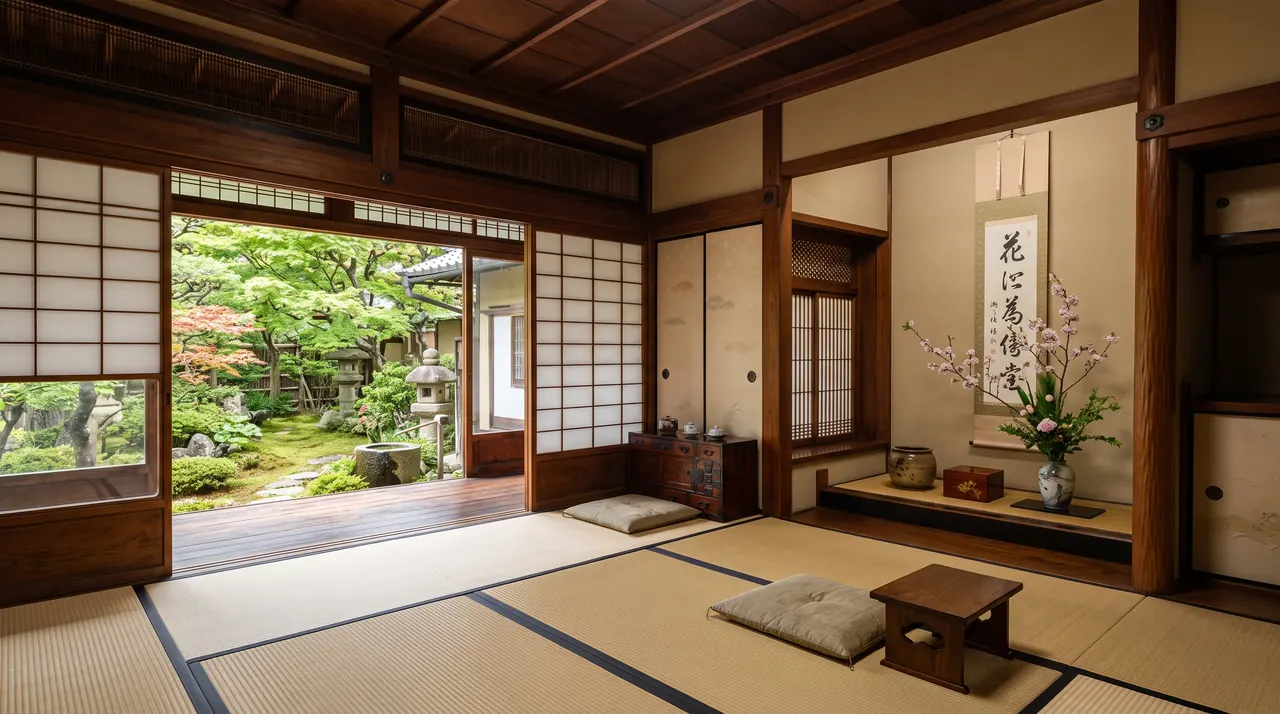 Interior de la residencia de un señor del hierro, una sala de tatami señorial con tokonoma, pergamino y arreglo floral, abierta al jardín, la vida doméstica refinada que pagó el acero