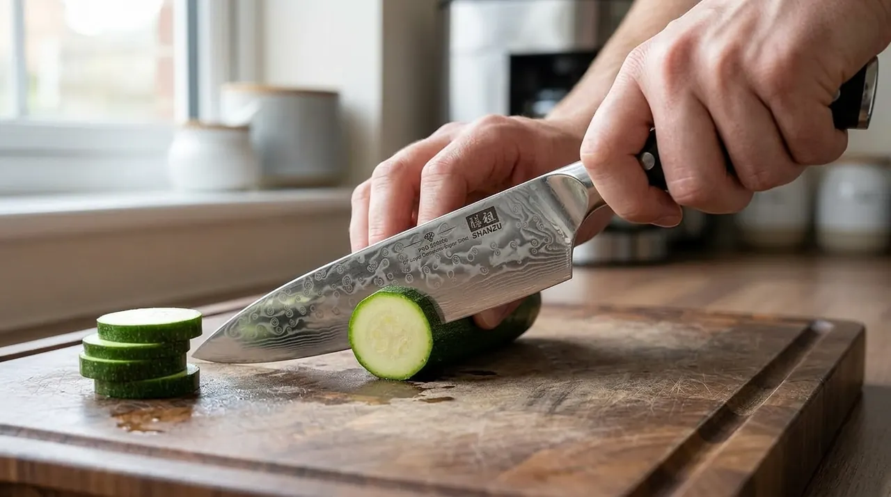 El SHAN ZU Chef Pro cortando verdura sobre una tabla de madera en una cocina