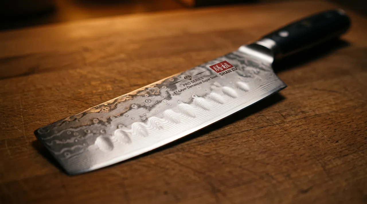 Detalle macro del filo de damasco de 67 capas del SHAN ZU Nakiri Pro, con el patrón laminado sobre el núcleo