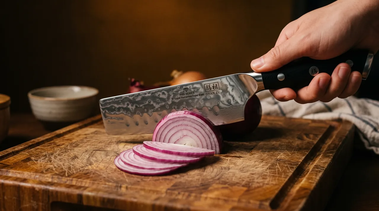 El SHAN ZU Nakiri Pro cortando una cebolla morada en medias lunas sobre una tabla de madera