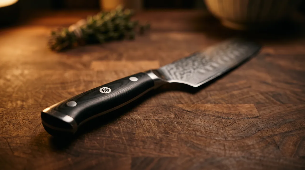 Detalle del mango de fibra de vidrio G10 del SHAN ZU Nakiri Pro, con remaches de acero y sello hanko