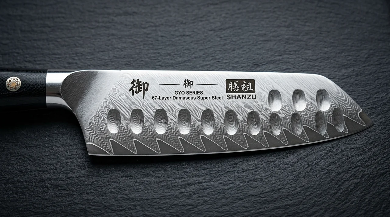 Detalle macro del filo de damasco de 67 capas del SHAN ZU Santoku GYO