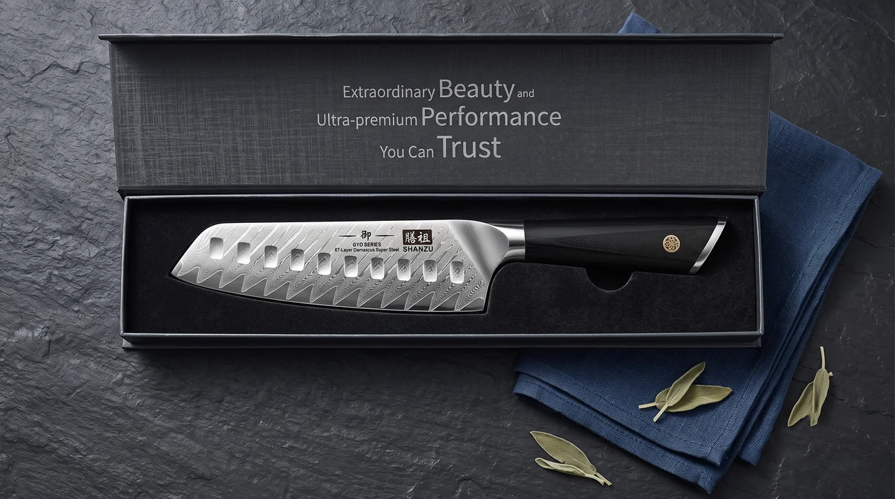 El SHAN ZU Santoku GYO en su estuche de regalo abierto, con la hoja de damasco a la vista