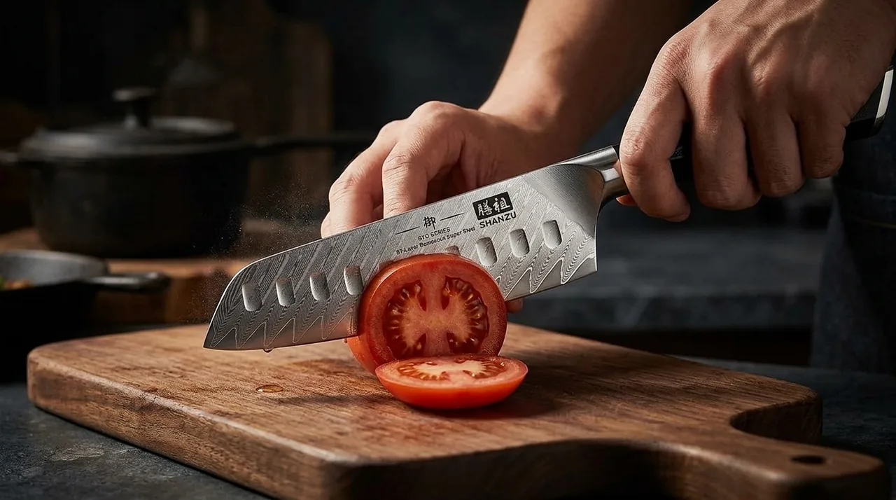 El SHAN ZU Santoku GYO cortando verdura sobre tabla de madera, con la hoja bajando a plomo
