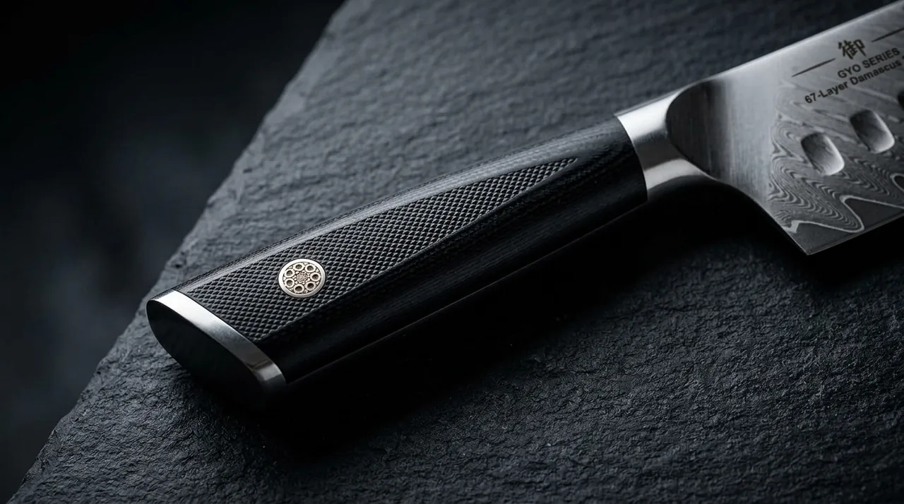 Detalle del mango de G10 negro del SHAN ZU Santoku GYO, con el bolster cónico