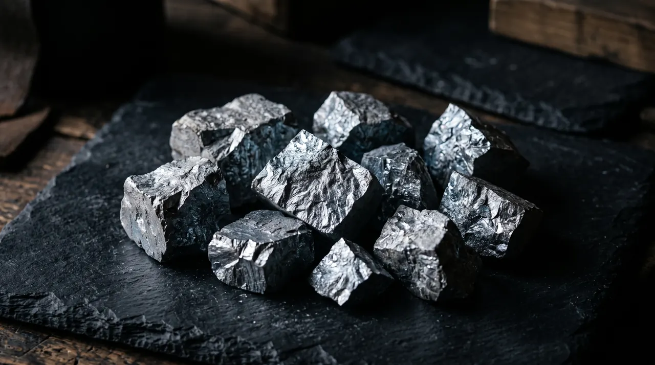 Fragmentos de tamahagane crudo sobre una superficie oscura, con la superficie cristalina fracturada y plateada del acero seleccionado tras romper el bloque del horno