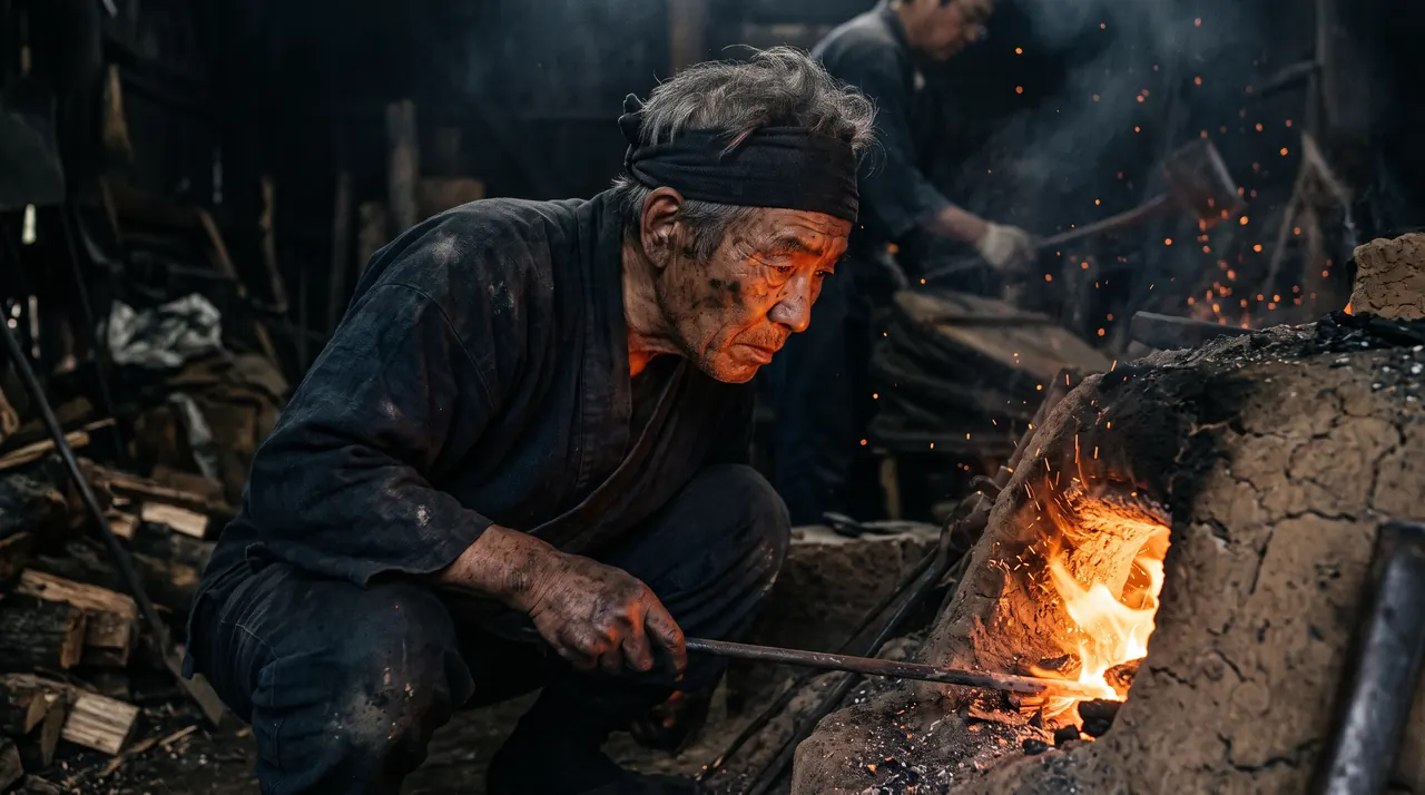 Retrato del murage, el maestro del tatara, con el rostro curtido iluminado por el naranja del horno mientras lee el fuego, con hollín en las manos y la cara