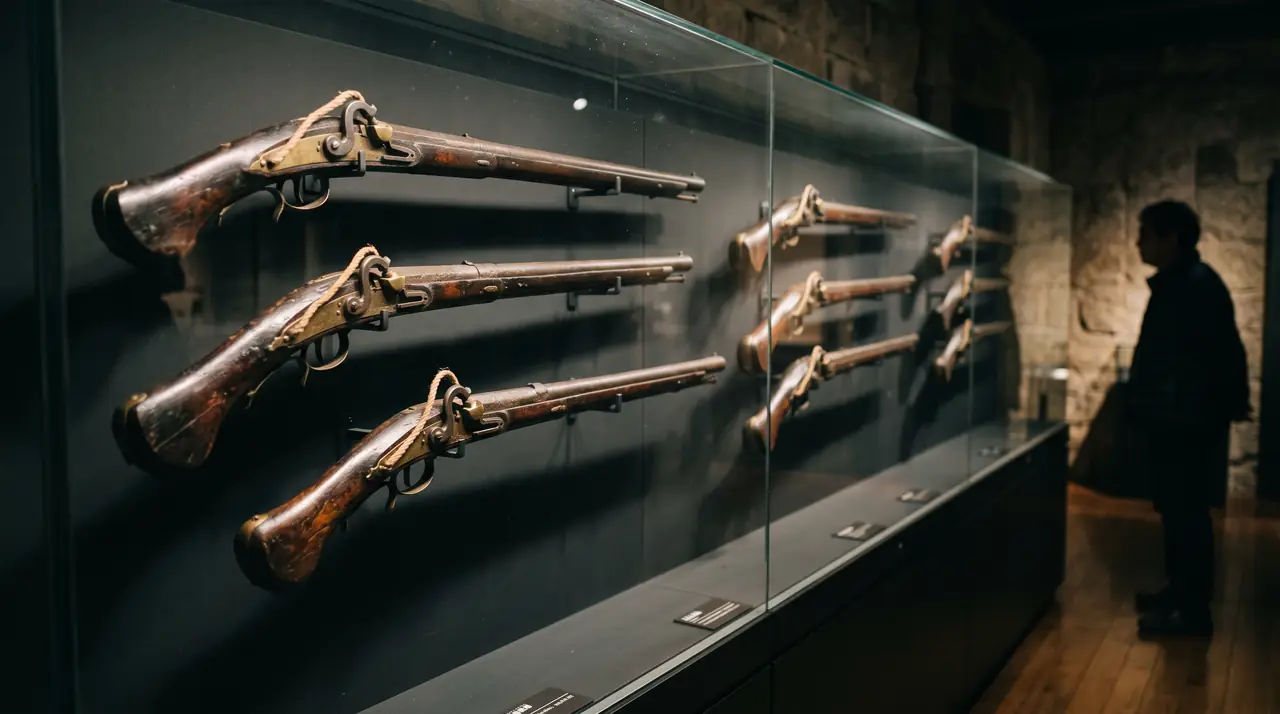 Una vitrina del museo de Tanegashima con una hilera de arcabuces de mecha del siglo XVI, con sus largos cañones de hierro y el serpentín que sujetaba la cuerda encendida, bajo la luz cálida del museo