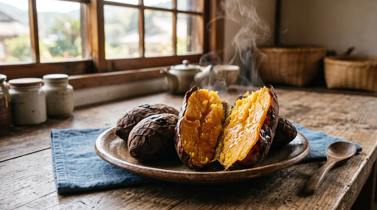 Un boniato Anno de Tanegashima asado y partido por la mitad, con la pulpa naranja intensa y brillante de almíbar y el vapor subiendo, sobre un plato rústico en una cocina isleña