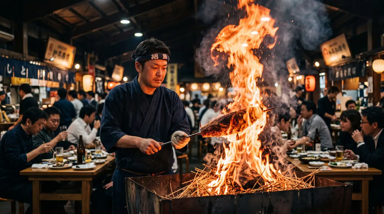 Un cocinero del Hirome Market flameando un lomo de bonito sobre una llamarada de paja de arroz ardiendo, con las mesas del mercado llenas de comensales al fondo
