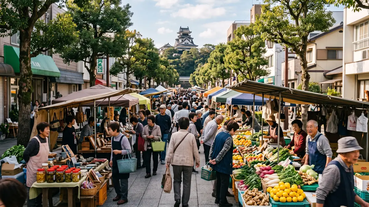 El mercado dominical de Otesuji lleno de puestos de fruta, verdura y artesanía con gente comprando, y al fondo de la calle la torre del castillo de Kōchi asomando entre los árboles