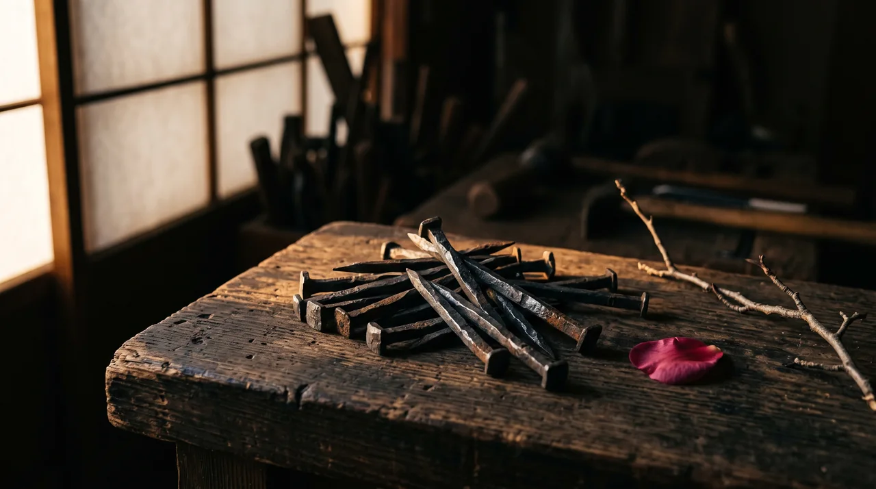 Un montón de clavos japoneses wakugi forjados a mano, de cabezas irregulares y metal ennegrecido, sobre una mesa de madera vieja en un taller