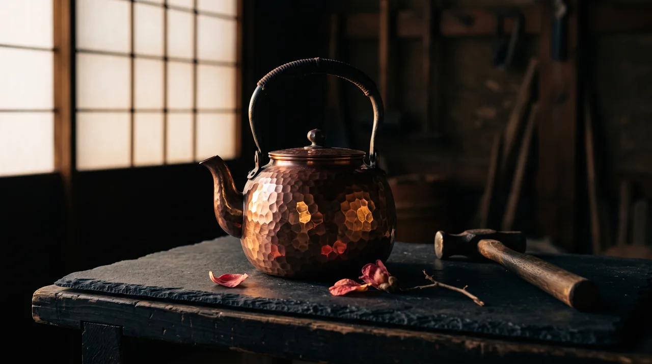 Una tetera de cobre martillado tsuiki con la textura facetada del martillo captando la luz cálida, sobre pizarra oscura junto a un martillo de artesano