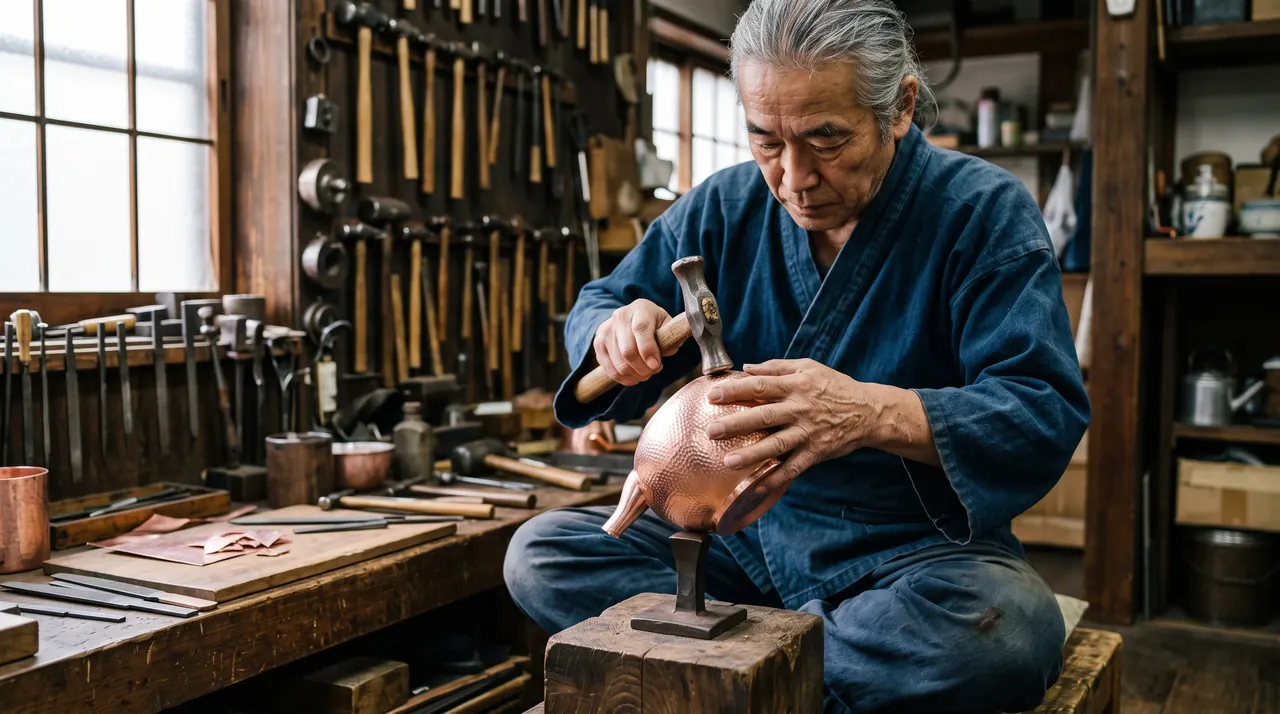 Artesano de Tsubame practicando el tsuiki, levantando una tetera de cobre a golpe de mazo desde una sola lámina, rodeado de decenas de martillos colgados en el taller