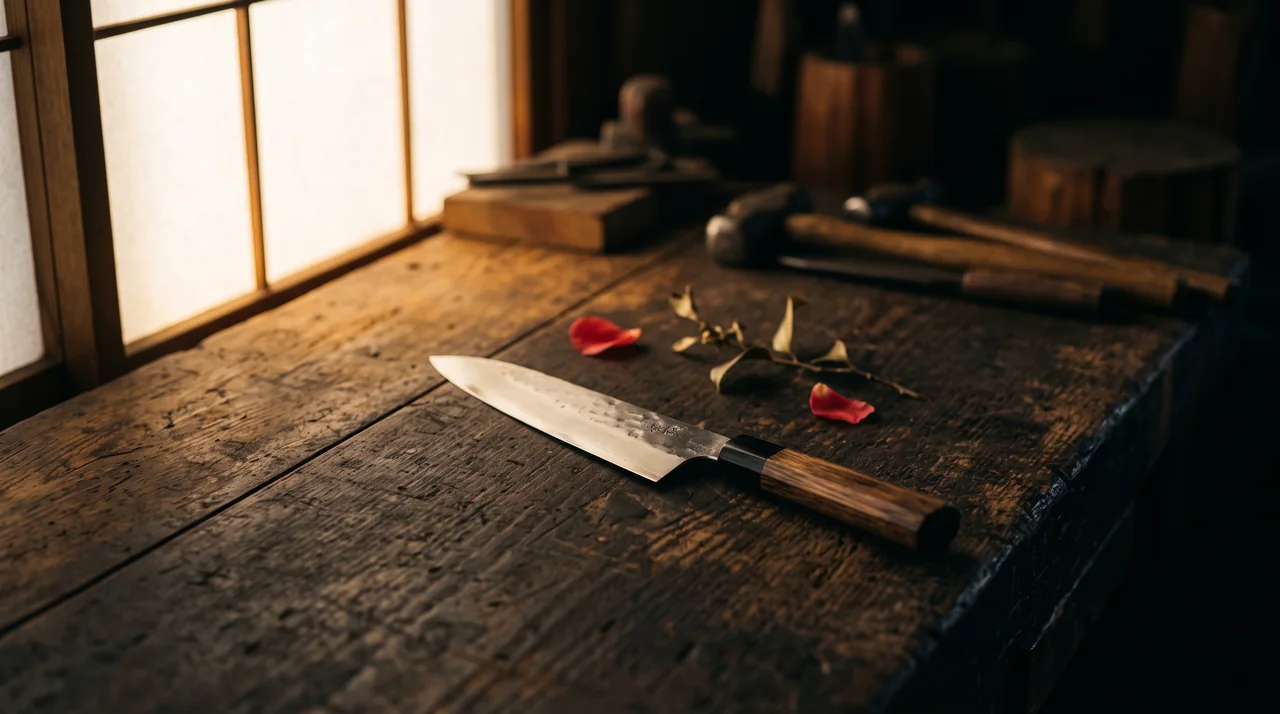 Un cuchillo de chef japonés terminado, con mango de madera y hoja pulida, reposando sobre un banco de trabajo de madera envejecida junto a herramientas de forja
