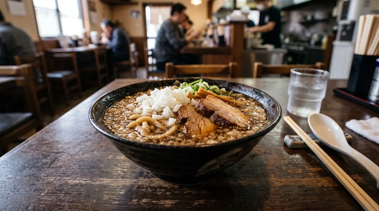 Cuenco de seabura ramen de Tsubame, con fideos gruesos, caldo oscuro de soja y una capa de grasa de cerdo y cebolla picada que cubre la superficie, en una casa de comidas de pueblo