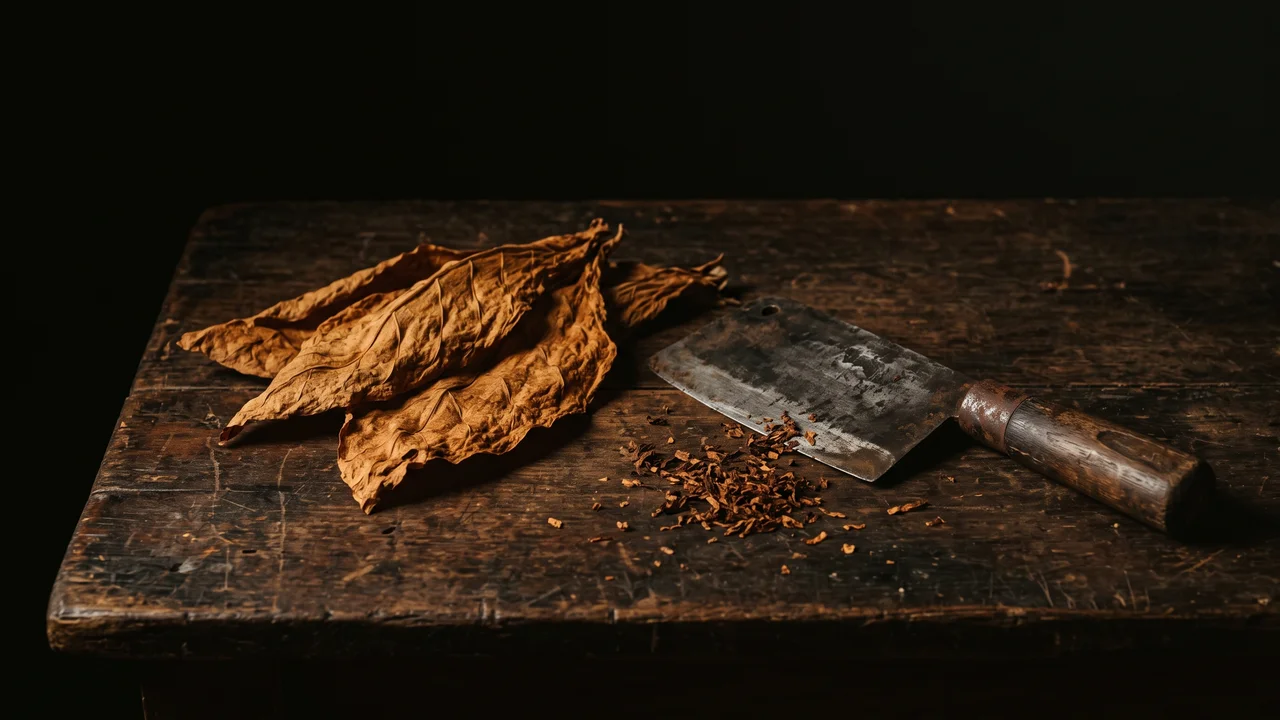 Hojas de tabaco secas junto a una vieja cuchilla de picar sobre una mesa de madera oscura, evocando el origen de la cuchillería de Sakai en el siglo XVI