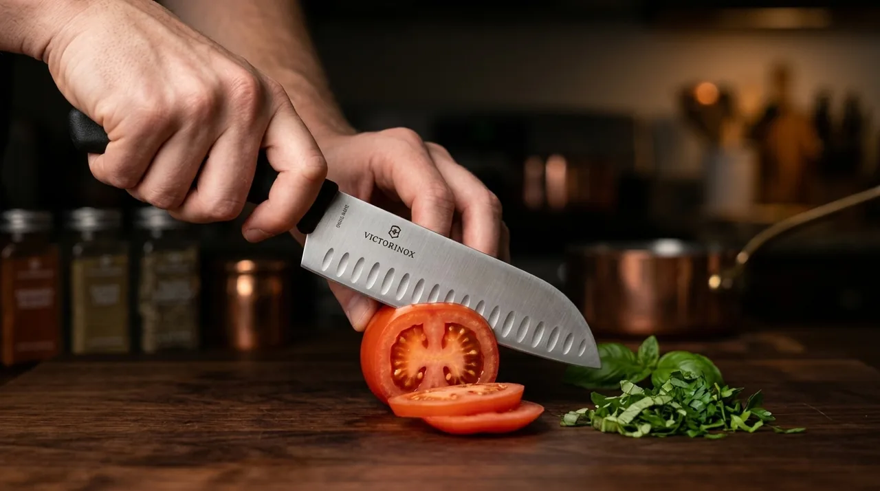 El Victorinox Swiss Classic Santoku cortando un tomate sobre una tabla de nogal, con una mano sujetando la verdura en garra y hierbas picadas al lado