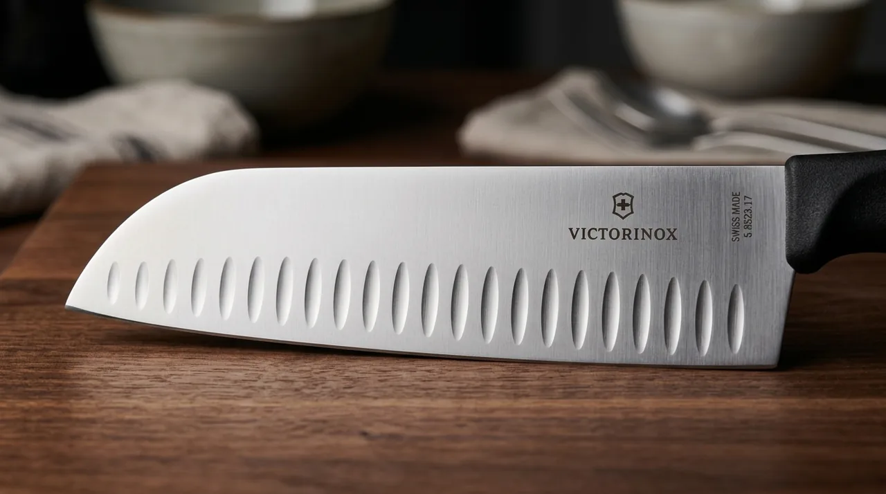 Detalle de la hoja del Victorinox Swiss Classic Santoku con la fila de muescas ovaladas del filo alveolado y el logo Victorinox grabado en el acero