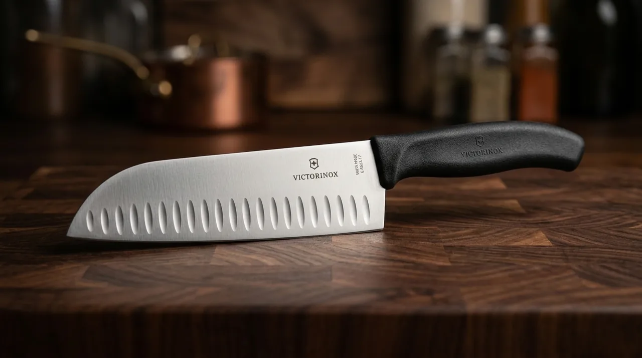 Victorinox Swiss Classic Santoku de 17 cm con filo alveolado y mango negro sobre una tabla de madera oscura